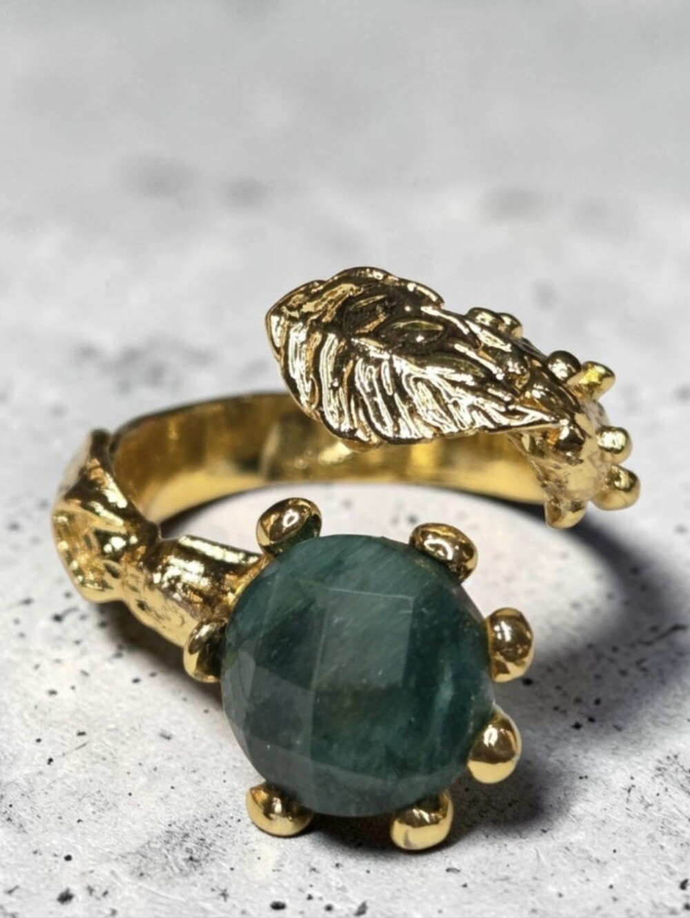 18k Gold Plated Turkish Artisan Free Formed Branch Band Genuine Raw Emerald Ring